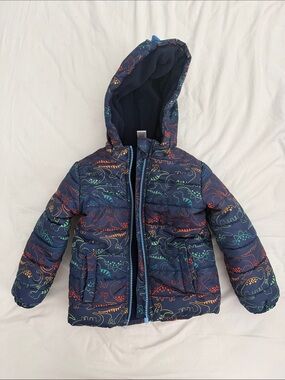 Kids Navy Puffer Jacket with Colorful Dinosaur Print